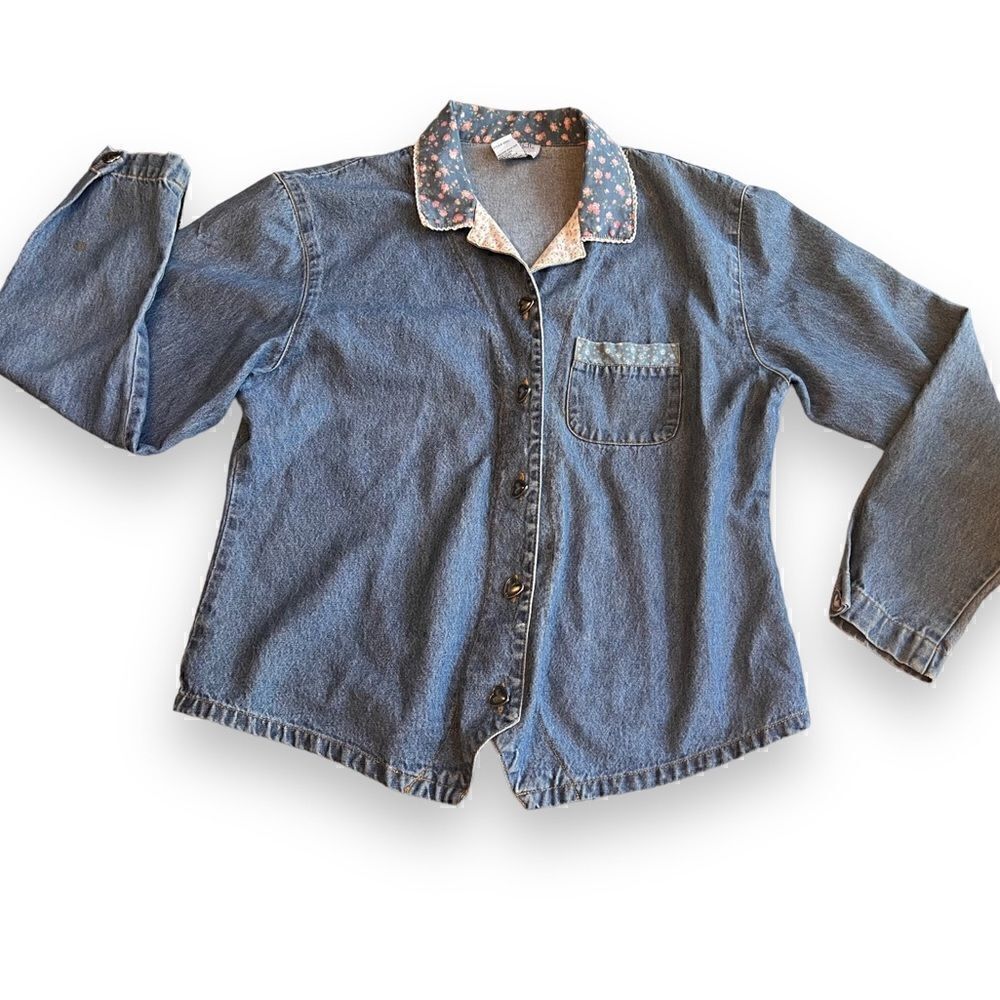 Teddi‎ Denim Button Down Short Women’s PM Heart Buttons Flowers Vintage